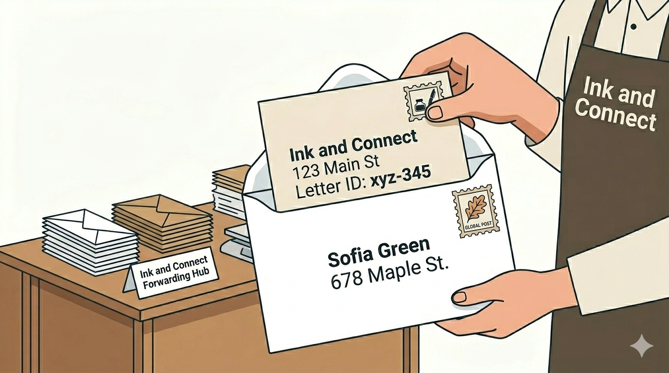 Illustration of Ink and Connect forwarding a letter onward